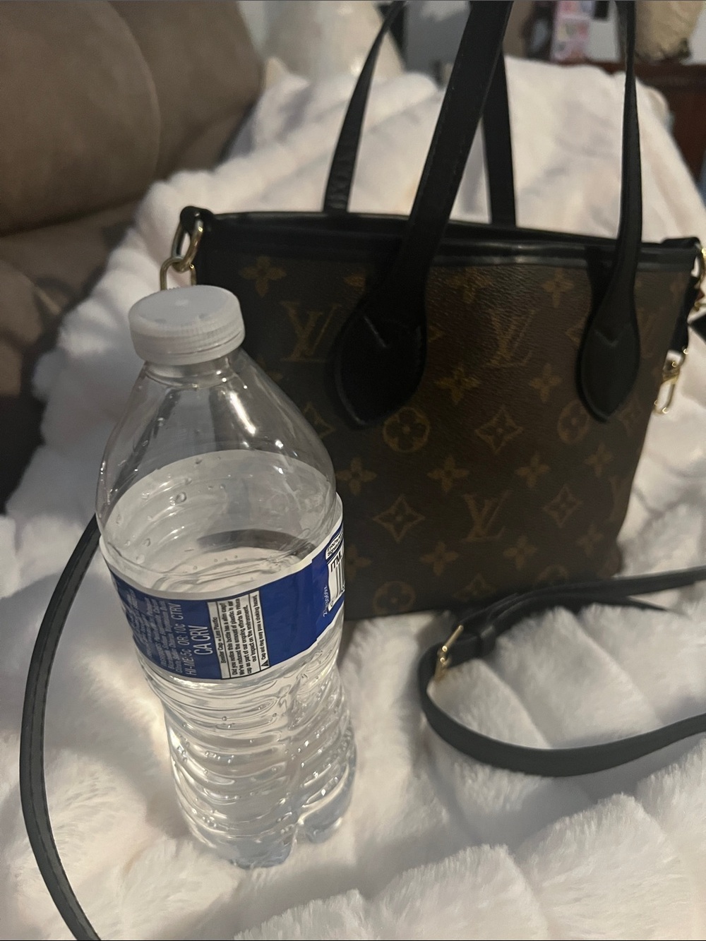 L V Monograms Pattern Brown Tote Bag with Black Trim